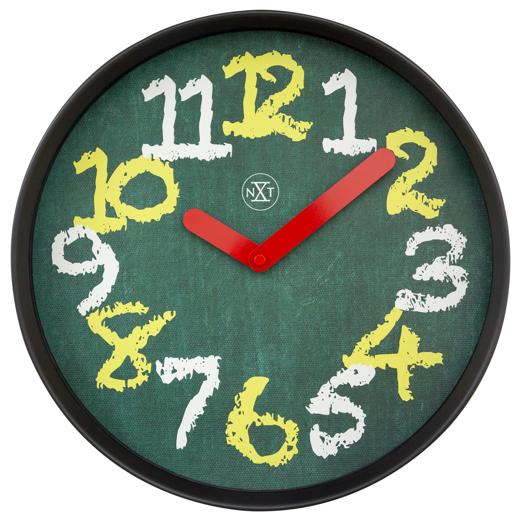 NeXtime Clocks green 30cm silent plastic wall clock with chalkboard surface, modern design, and easy-to-read dial.